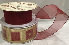 Wired Ribbon Gold W/ Red Star Tree 2.5" x 50 Yd  Red 2.5  Sheer 5 Yds Holiday