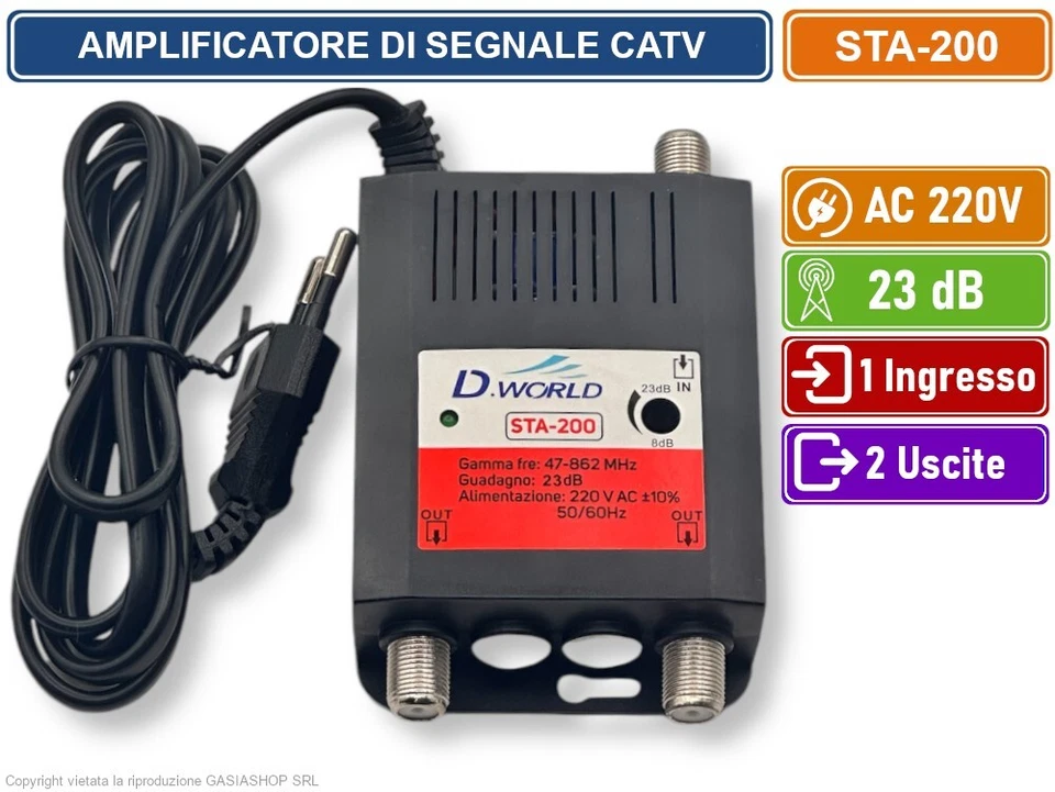 AMPLIFICATORE DI SEGNALE TV DIGITALE TERRESTRE DVB-T2 GUADAGNO 23dB 1 INGR. 2USC - Immagine 2 di 4