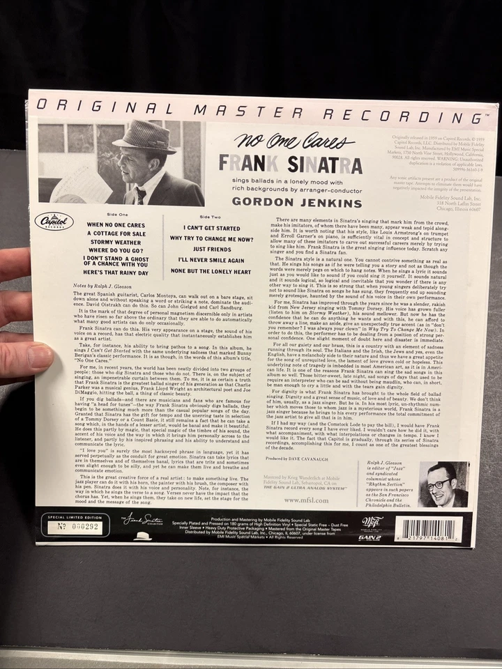 Frank Sinatra No One Cares Vinyl LP MFSL Mofi 2012 NM, Limited Edition #292 - Image 2 of 4