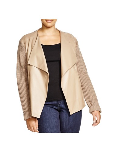 BB DAKOTA Womens Beige Pocketed Rib Knit Long Sleeve Zip Up Jacket Plus 1X