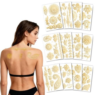 LOPHE Flash Tattoos Metallic, 12 Blatt Gold Metallic Temporäre Tattoos Klebe