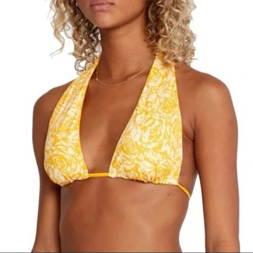 NWT RVCA Women's Reversible Yellow Floral and Striped Forever Halter Bikini Top