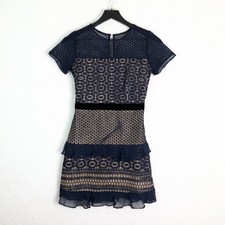 Lucy Paris Lace Mini Dress Women Navy Blue Cream Medium Crochet Ruffle Tiered
