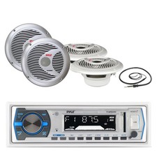 Pyle Bluetooth Marine Receiver, 4x 6.5" 150W Boat Audio Silver Speakers, Antenna