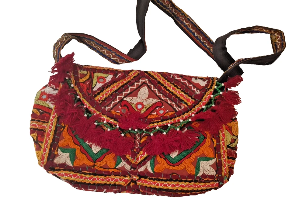 Tasche Umhängetasche Baumwolle Bunt Bestickt Handarbeit-Indien 30 x 18,5 cm - Bild 3 von 4