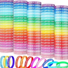 100 Pcs Jesus Loves You Bracelet Bulk Silicone Christian Bracelet Colorful Ru...