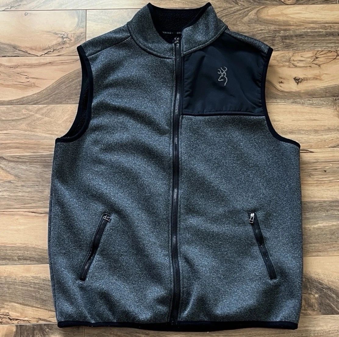 Browning Men’s Large Fleece Vest Full Zip Hunting Outdoors Gray Black