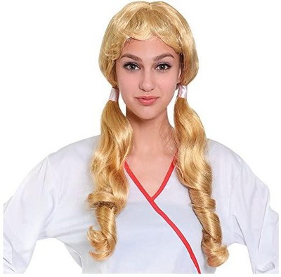 Erwachsene blonde Schweineschwanz Perücke Cheerleader Schulmädchen Kostüm Zubehör