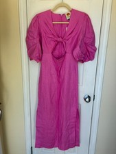 Farm Rio NWT Linen Cut Out Pink Balloon Sleeve Midi Dress XS