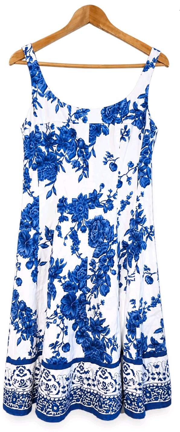 Blue White Floral Sundress A-Line Knee Length 8 Cottagecore Dress Zip