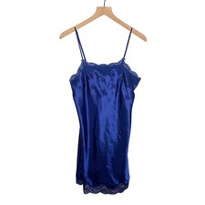 Vintage Navy Slip Dress M Satin Lace Floral Coquette Autumn Wedding Cocktail 90s