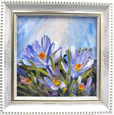 Original framed oil painting 4x4in signed flowers Spring Crocus Impasto flowers