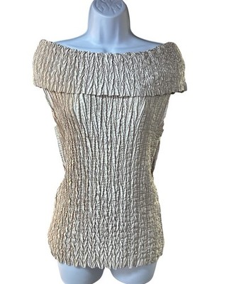 Cache Lola Crinkle Off Shoulder Top Stretch Smocked Metallic Champagne OS