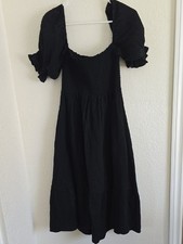 Smocked Black Midi Dress with Puff Sleeves