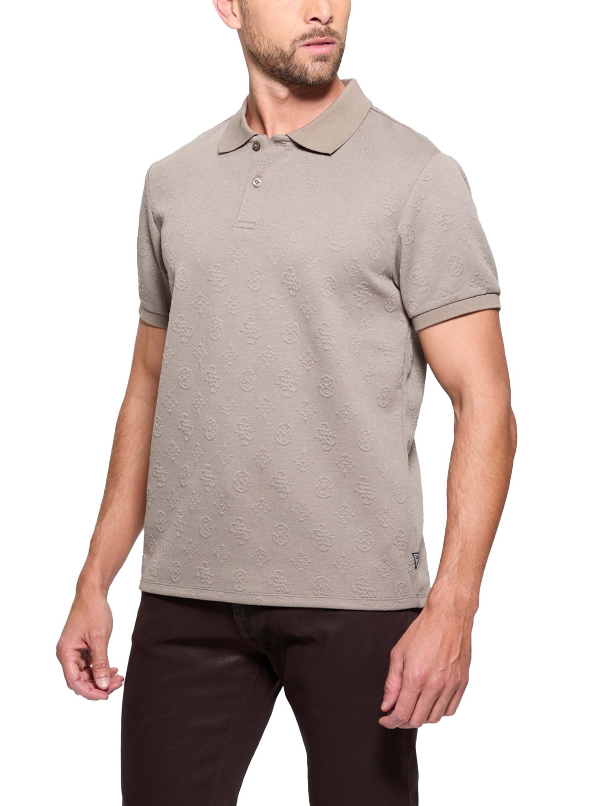 Guess Mens Peony Relaxed Fit Short Sleeve Quatro G Polo Sweater Walnut Shell-Sm 5190₽
