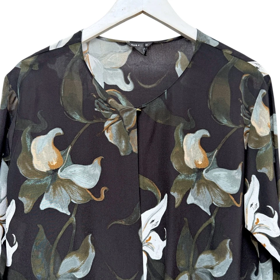 Blusa de seda CLUB MONACO mediana negra tropical floral manga 3/4 corbata delantera para mujer Foto 2 de 4