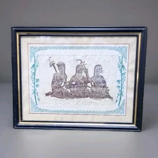 Vintage Thai Woodcut Hand Inked Art "Temple Musicians"  Bangkok Thailand 