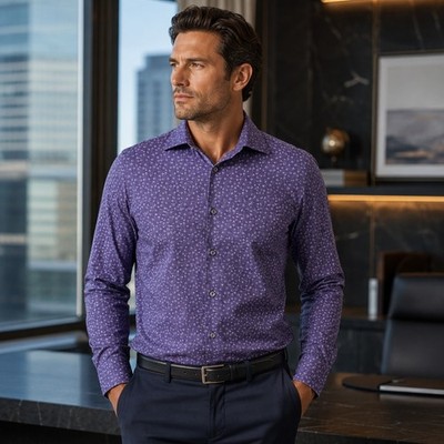 Bugatchi Mens OoohCotton Floral Tech Shirt Sz M Purple Stretch Button Down