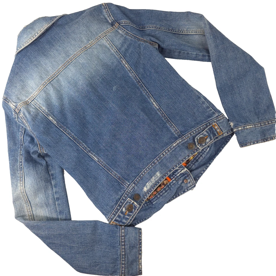 VINTAGE Y2K HOLLISTER BLUE DENIM JACKET WOMENS SIZE MEDIUM POCKETS FLORAL LINING - Image 2 of 4