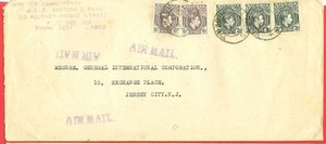 Nigeria KGVI 3c Strip of 3 + 6c X 2 used on cover to USA