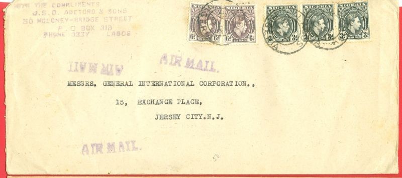 Nigeria KGVI 3c Strip of 3 + 6c X 2 used on cover to USA