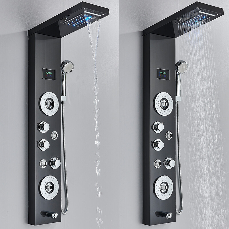 Colonne De Douche Noire Édit Stainless - 5 Jets - Avec Pomme De Pluie 20x47cm - Garantie 5 Ans