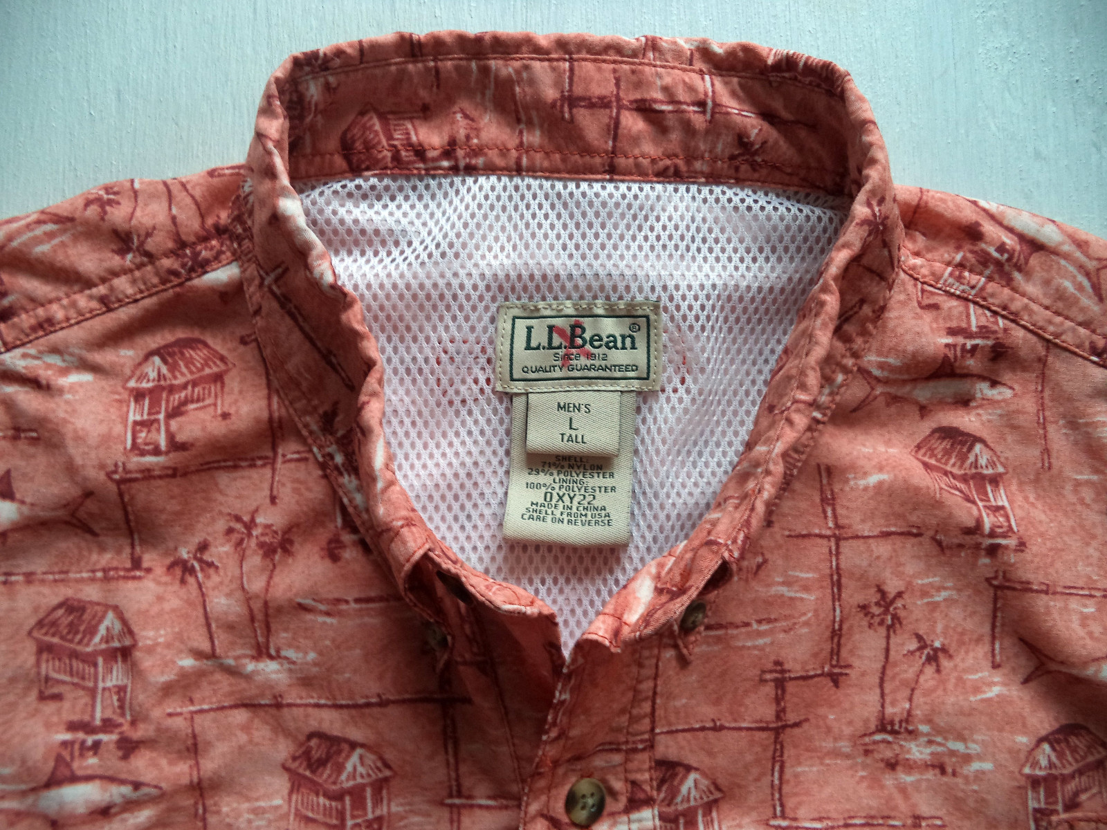 Mens LL BEAN Fishing print shirt Sz L bass spinning casting lure rod