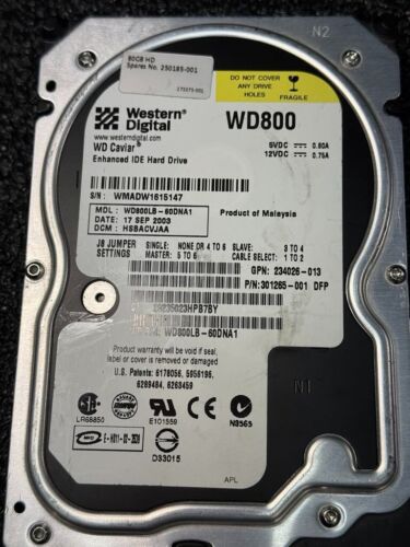 HP 301265-001 WD800LB-60DNA1 80GB 7.2K RPM 2MB Cache ATA-100 HDD 3.5" - Picture 2 of 8