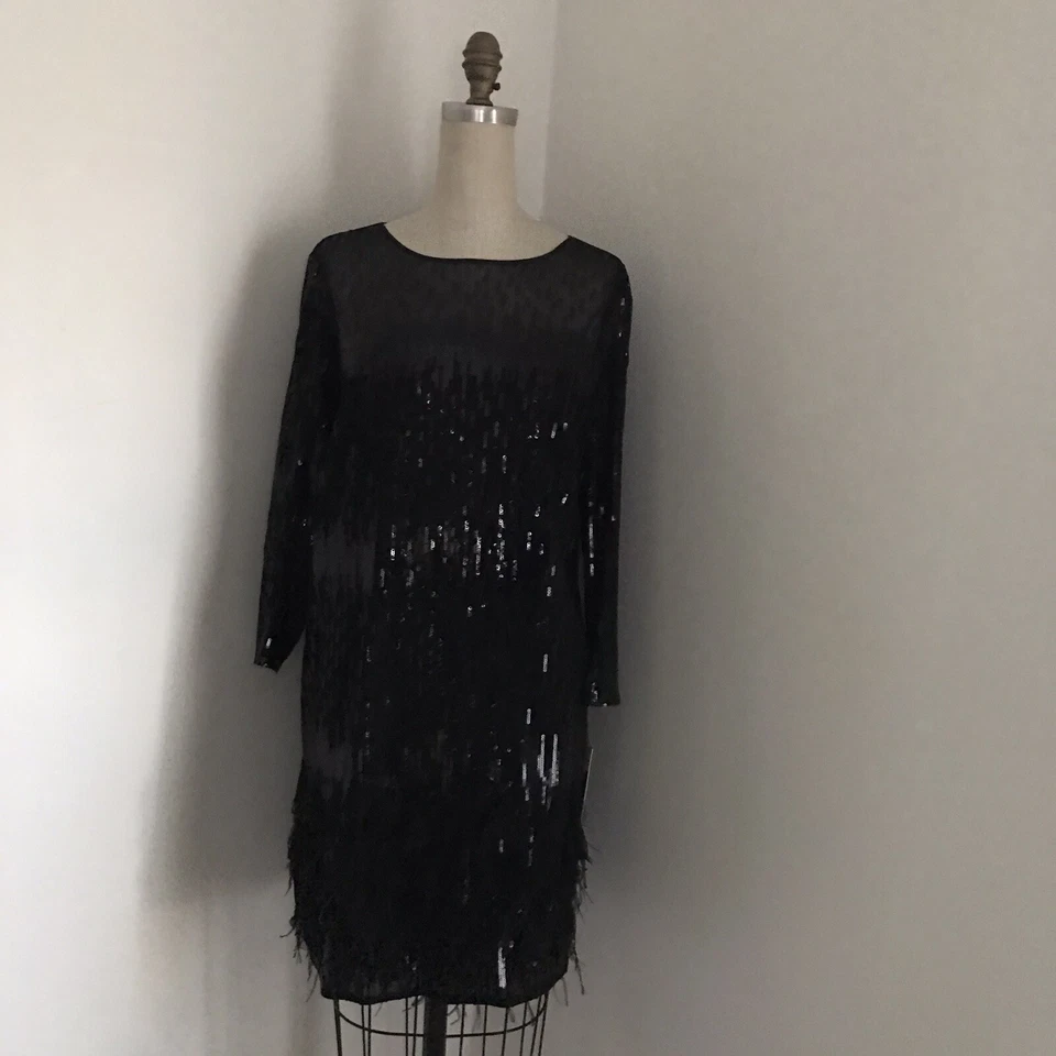  Dobladillo de plumas con cuentas negras para mujer Elie Tahari manga 3/4 10 Foto 4 de 4