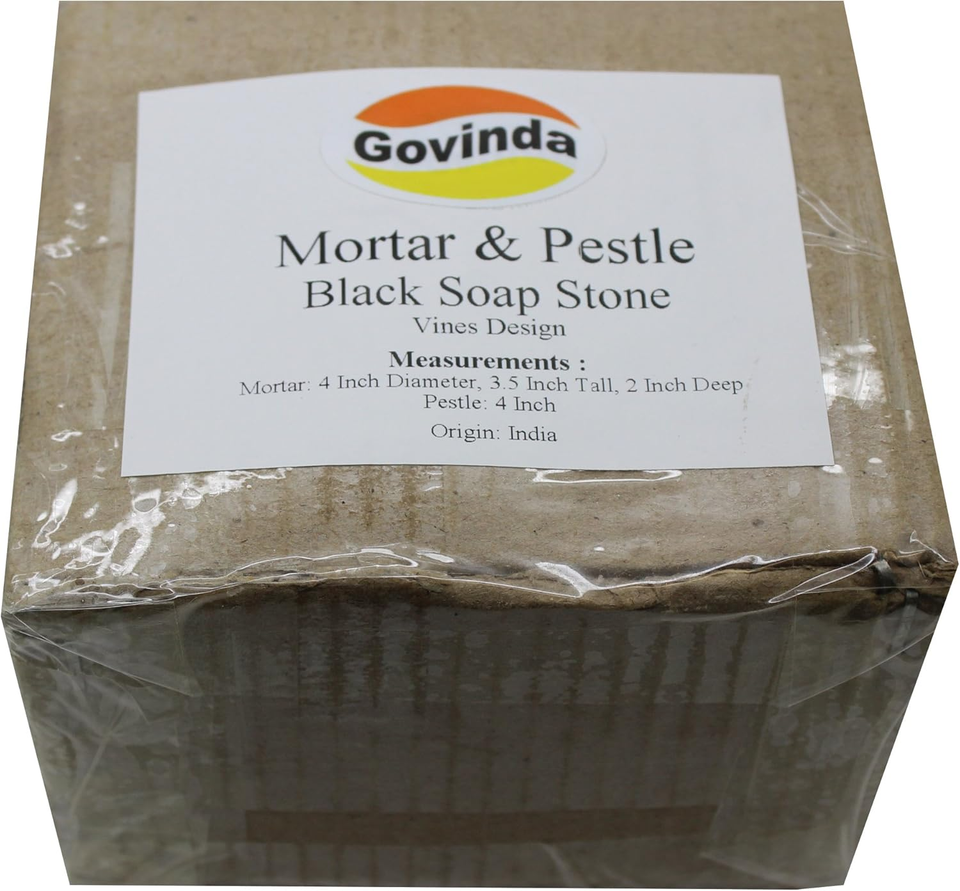  Black Soap Stone Mortar and Pestle Vines 4 Inch Dia X 3.5 Inch