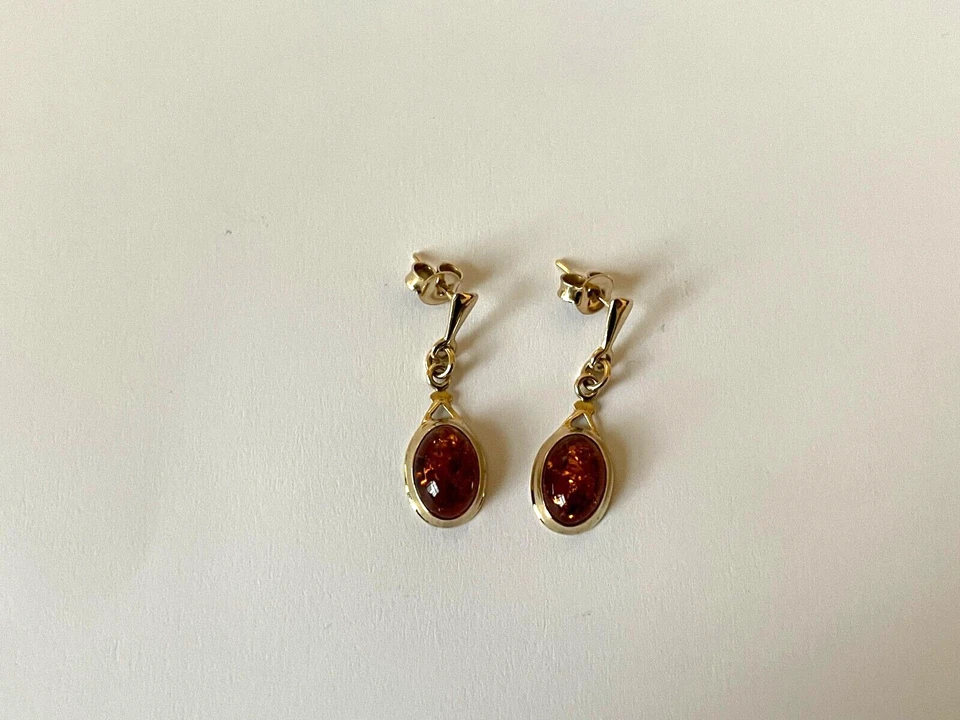 Brincos pendentes de âmbar vintage de ouro 9 quilates 2003 - Imagem 2 de 4