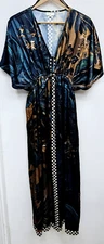 World Market Maxi Art Deco Empire Waist Dress Boho  Bronze, Teal, Floral SM READ