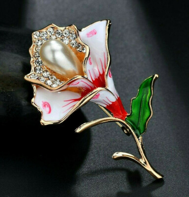 Terrific TULIP Blossom Flower RED Pearl Rhinestone Enamel Vintage