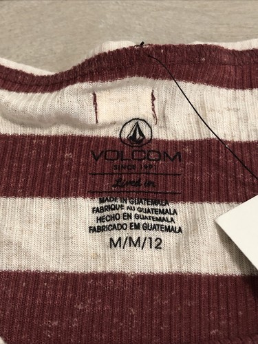 Volcom Womens Lived In Rib Burgundy Tan Striped Tee Shirt Size Medium - Picture 5 of 6