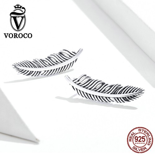 Voroco Retro Women 100% Sterling silver Stud Earrings Romantic feather Jewelry - Picture 9 of 9