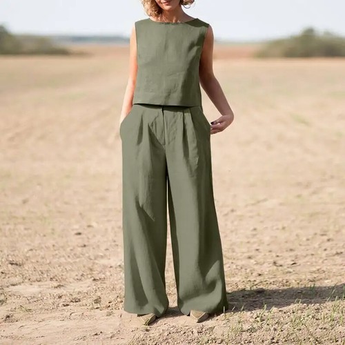 Women Crew Neck Tank Top Wide Leg Pants Sets 2 Piece Outfits Summer Sleeveless