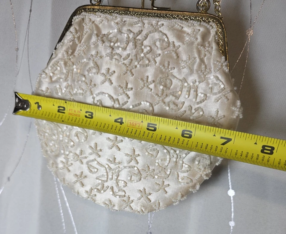 Vintage Beaded Clutch Shoulder Bag Beaded Cream Ivory Small Hoco Prom Formal - Image 4 of 4
