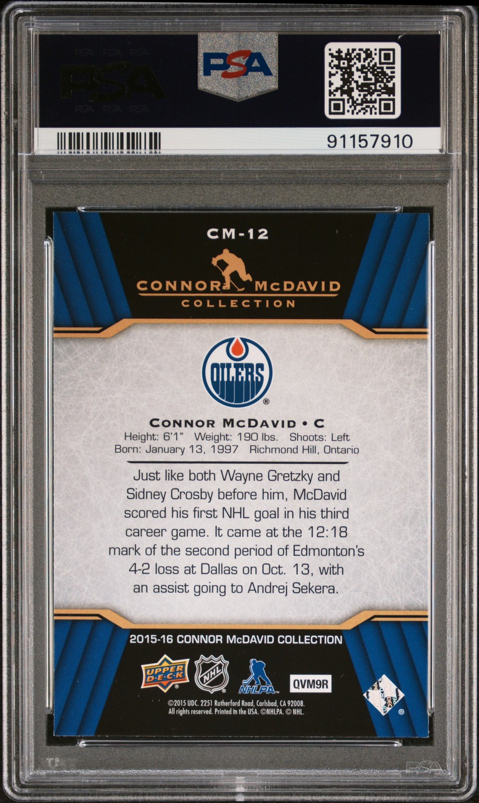2015 UPPER DECK CONNOR MCDAVID COLLECTION #CM-12 CONNOR MCDAVID RC PSA 9 view 2