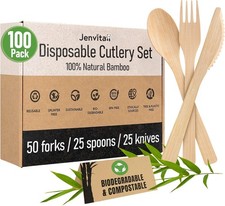 100 Bamboo Utensils Set - 100x Compostable Cutlery 50 100, Assorted