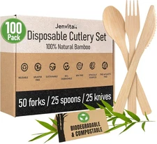 100% Bamboo Utensils Set - 100x Compostable Cutlery (50 100, Assorted 