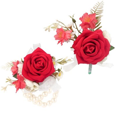 Red Artificial Rose Wrist Corsage, Boutonniere Set for Wedding, Prom Party 2 PCS
