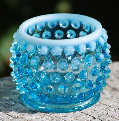 VINTAGE Fenton Blue Opalescent Hobnail Glass Mustard Jar Made in USA 1950's - Picture 2 of 4