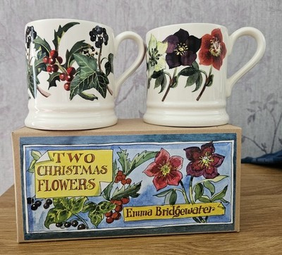 2 x Emma Bridgewater Weihnachtsblumen 1/2 Pint Becher ** Brandneu im Karton **