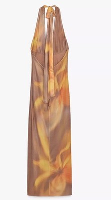 ZARA NEW COLLECTION FLORAL PRINT DRESS FLARED Tull Halter in haki orange  yellow | eBay