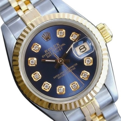 Rolex Datejust Two-Tone 14KY Steel Metal Blue Diamond Dial Fluted Jubilee Watch
