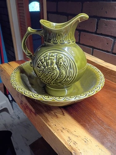 Vintage 1968 McCoy Pottery Avocado Green Glazed Water Pitcher & Bowl Set MCM