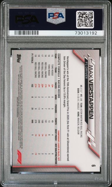Max Verstappen 2020 TOPPS CHROME F1 #6 PSA 10 GEM MT RC view 2