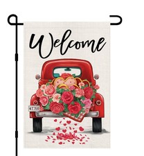 Welcome Valentines Day Garden Flags 12x18 Double Sided Burlap, Red Truck Love...