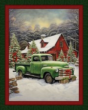 CHRISTMAS at the BARN Fabric Quilt Panel 36" x 45", Christmas Trees, Holiday