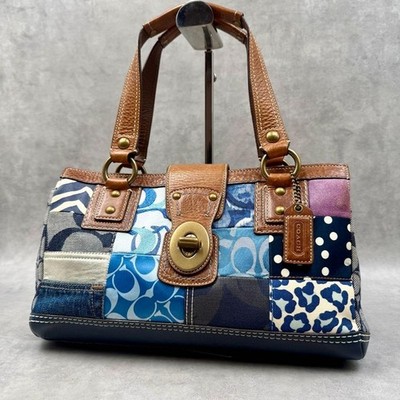 COACHパッチワーク ハンドバッグ ターソロック　デニム 青　10816 COACH 10816 Denim & Suede Patchwork Satchel Hand Shoulder bag Tan